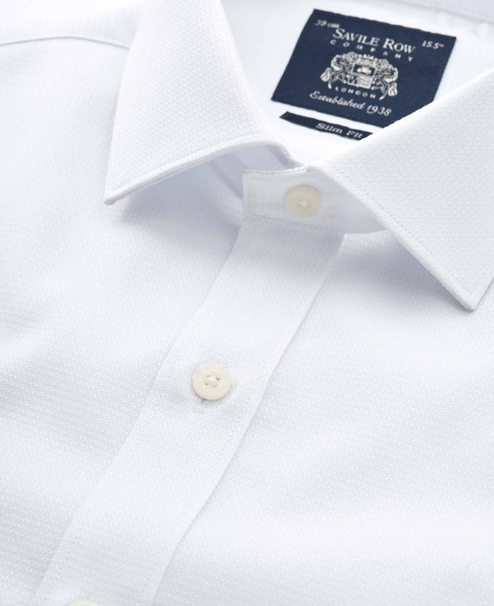 Men's White Textured Cotton Slim Fit Formal Shirt With Double Cuffs collar detail