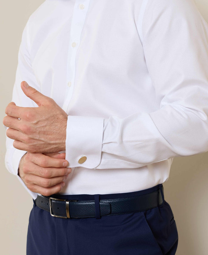 Men's White Textured Cotton Slim Fit Formal Shirt With Double Cuffs model shot