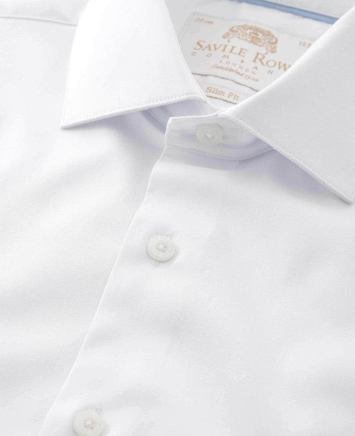 Men's White Two-Ply Cotton Slim Fit Formal Shirt With Single Cuffs collar detail