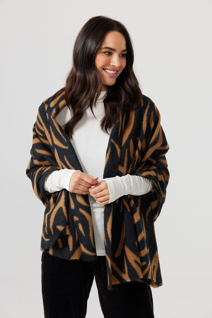 Holiday Life animal print Black & Tan Oversized Scarf