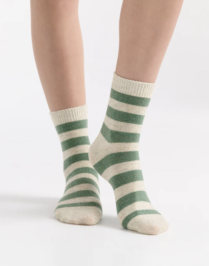 Ambra Winter Stripe Crew Sock in Fern & Cream | Women's Socks | Gretel Lane