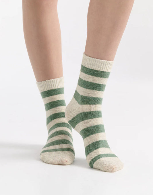 Ambra Winter Stripe Crew Sock in Fern & Cream | Women's Socks | Gretel Lane