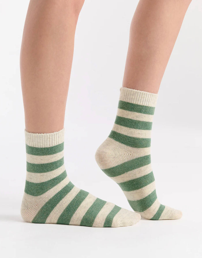 Ambra Winter Stripe Crew Sock in Fern & Cream | Women's Socks | Gretel Lane