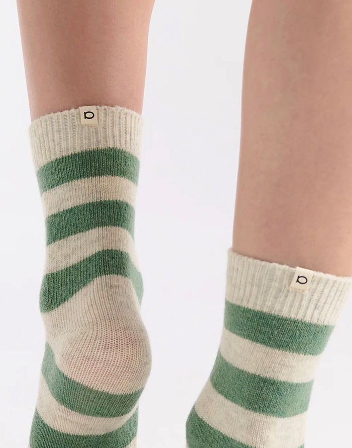 Ambra Winter Stripe Crew Sock in Fern & Cream | Women's Socks | Gretel Lane
