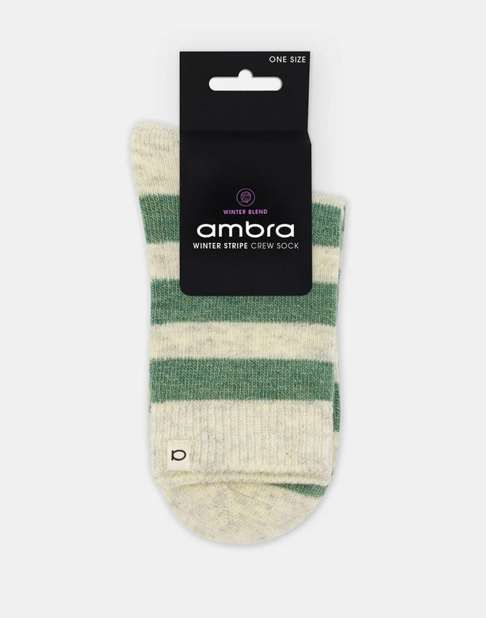 Ambra Winter Stripe Crew Sock in Fern & Cream | Women's Socks | Gretel Lane