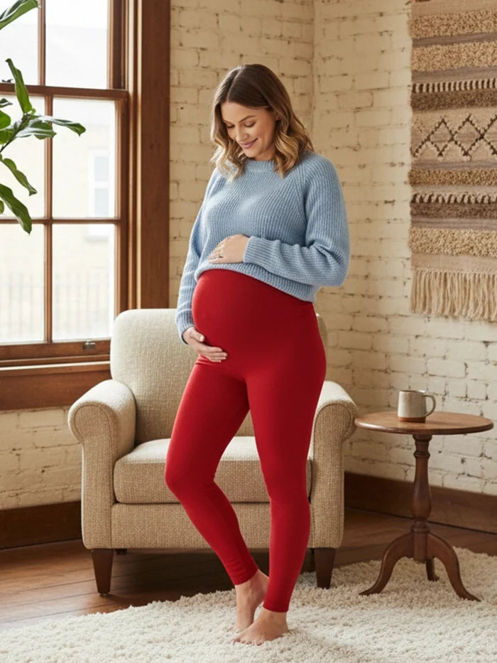 Women Red Full Length Cotton Maternity Leggings