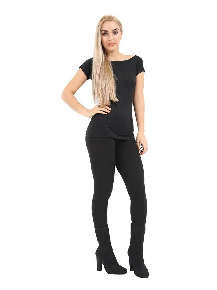 Women's Slash Neck Black Viscose T-Shirt - thefancydress.co.uk