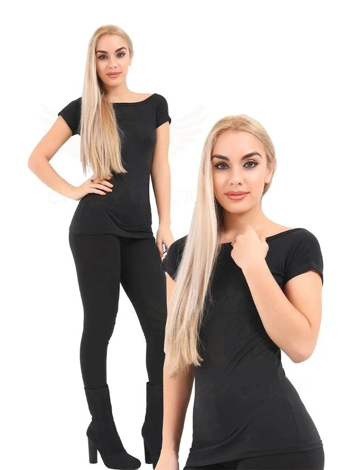 Women's Slash Neck Black Viscose T-Shirt - thefancydress.co.uk