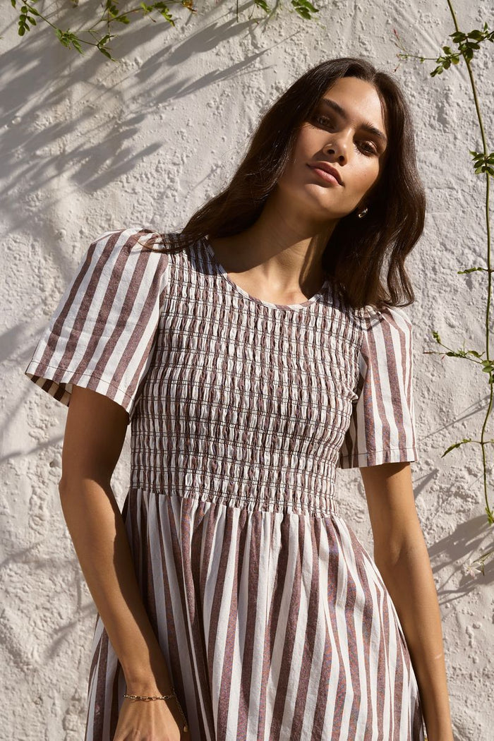 Wren Cotton Shirred Bodice Midi Dress Chocolate Stripe