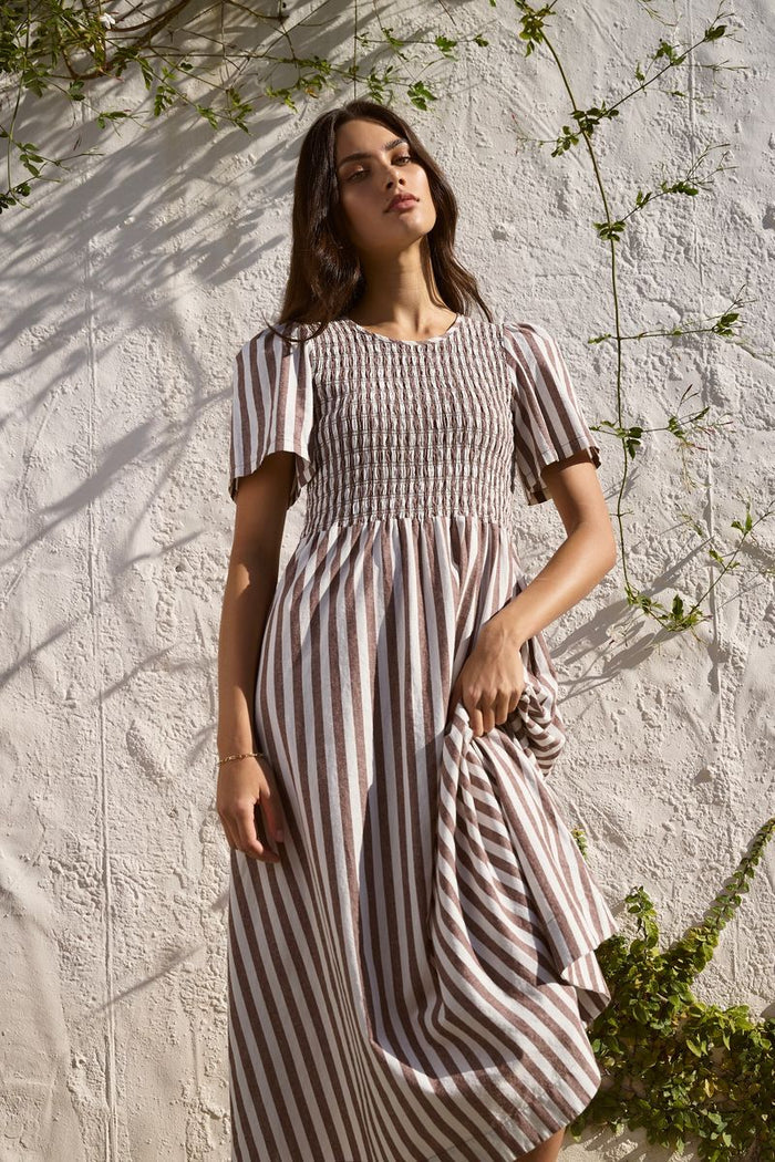 Shirred Bodice Midi Dress Chocolate Stripe | RE:UNION