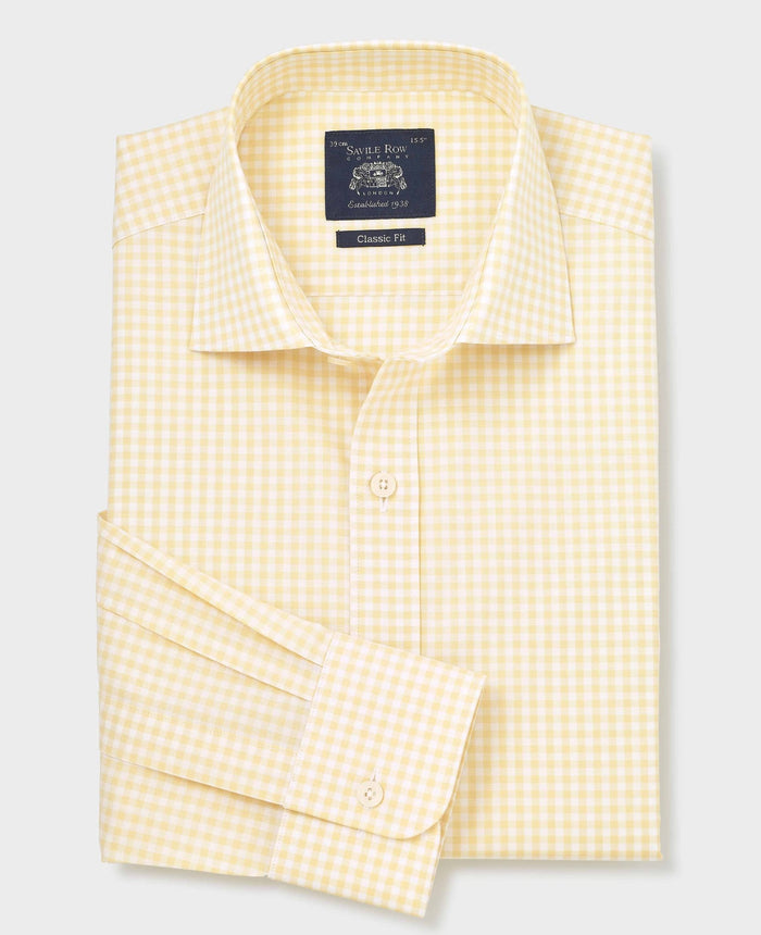Men's Yellow Cotton Poplin Gingham Check Classic Fit Formal Shirt With Single Cuffs folded