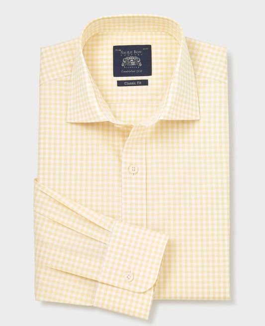 Men's Yellow Cotton Poplin Gingham Check Classic Fit Formal Shirt With Single Cuffs folded