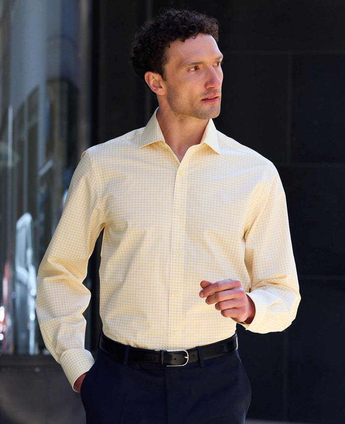 Yellow Cotton Poplin Gingham Check Classic Fit Formal Shirt - Single Cuff