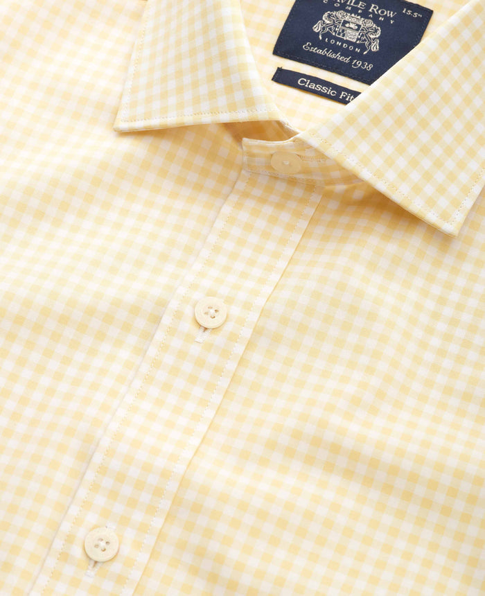 Men's Yellow Cotton Poplin Gingham Check Classic Fit Formal Shirt With Single Cuffs collar detail