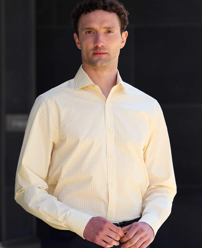 Yellow Cotton Poplin Gingham Check Classic Fit Formal Shirt - Single Cuff