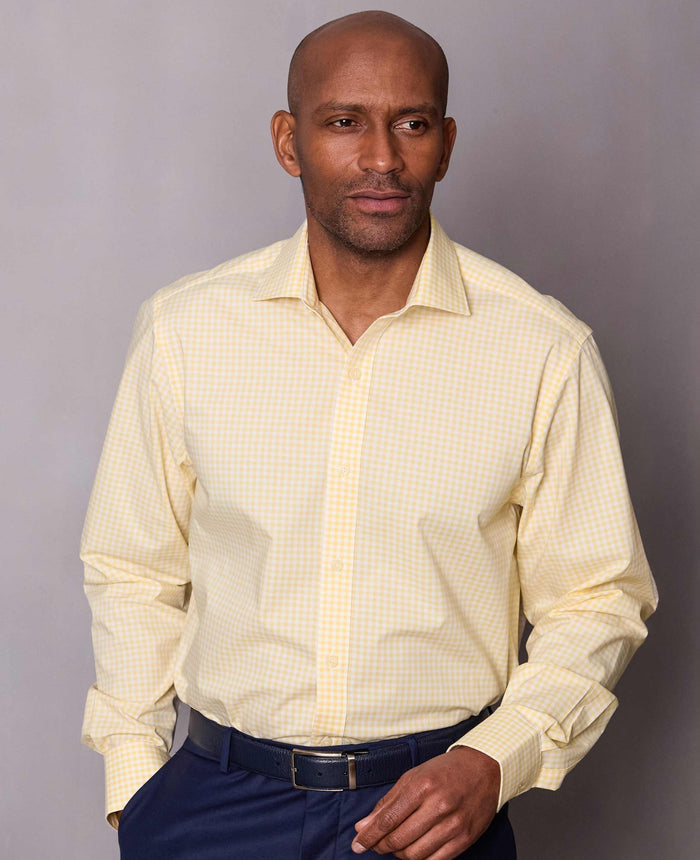 Yellow Cotton Poplin Gingham Check Classic Fit Formal Shirt
