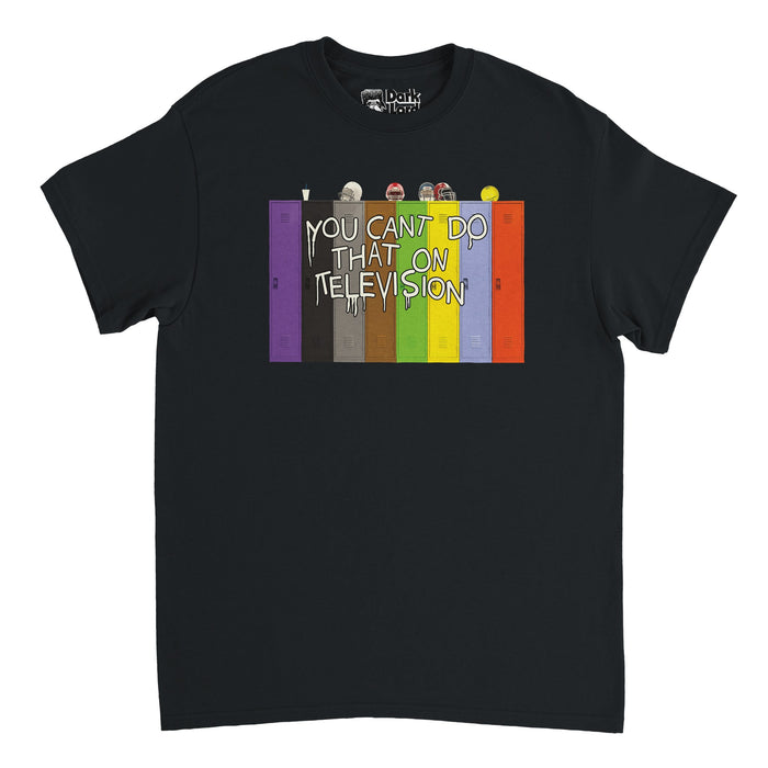 A retro, black colored souvenir t-shirt that says "You Can't Do That On Television" against a backdrop of a graphic of multicolored school lockers with football helmets and a fizzy drink cup with a straw.  References the 1970s and 1980s Canadian children's sketch comedy tv series called You Can't Do That on Television starring Christine McGlade, Les Lye, Alasdair Gillis, and Lisa Ruddy.