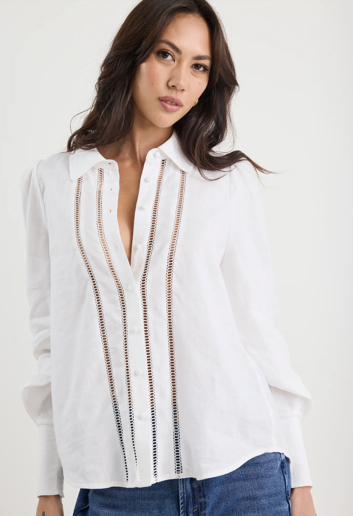 By Rosa Zinnia Ramie Lace Trim Long Sleeve Shirt in White | Women's Tops | Gretel Lane