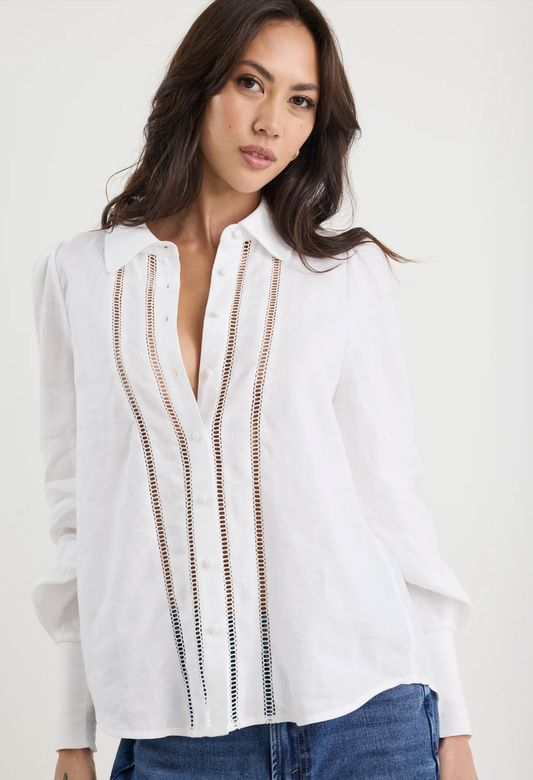 By Rosa Zinnia Ramie Lace Trim Long Sleeve Shirt in White | Women's Tops | Gretel Lane