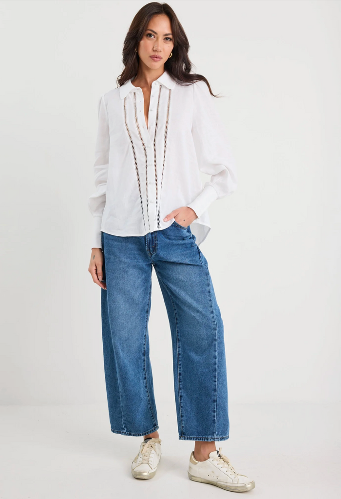 By Rosa Zinnia Ramie Lace Trim Long Sleeve Shirt in White | Women's Tops | Gretel Lane