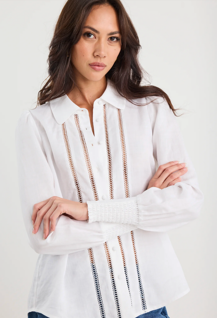 By Rosa Zinnia Ramie Lace Trim Long Sleeve Shirt in White | Women's Tops | Gretel Lane