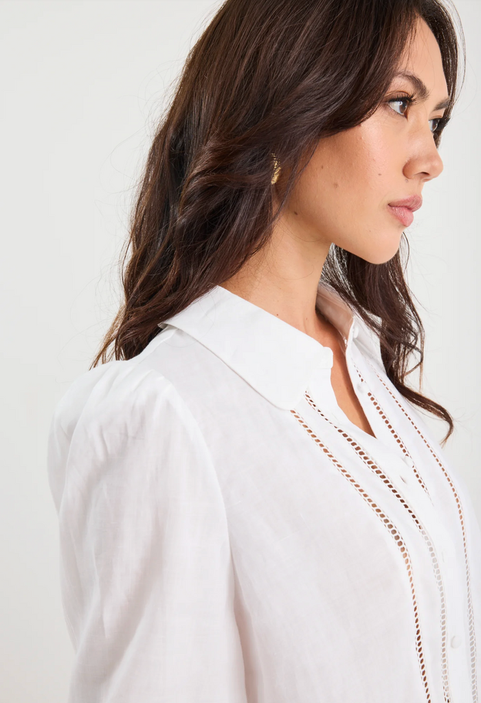 By Rosa Zinnia Ramie Lace Trim Long Sleeve Shirt in White | Women's Tops | Gretel Lane