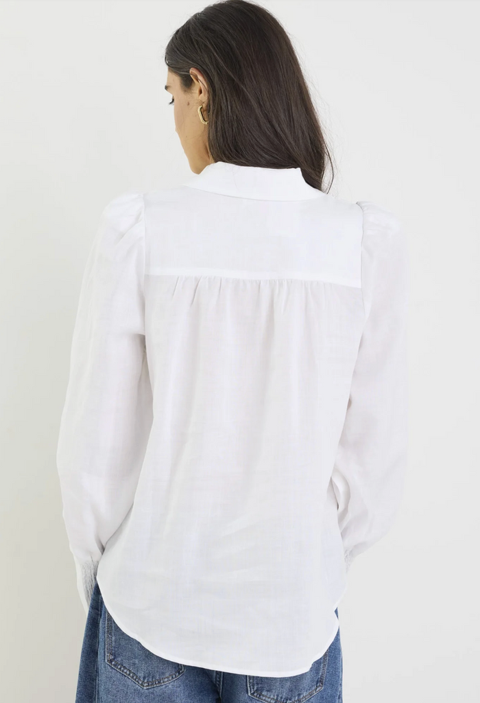 By Rosa Zinnia Ramie Lace Trim Long Sleeve Shirt in White | Women's Tops | Gretel Lane