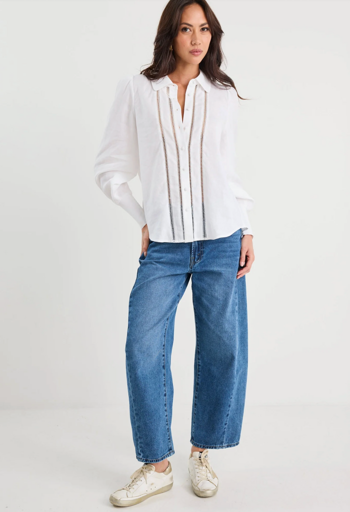 By Rosa Zinnia Ramie Lace Trim Long Sleeve Shirt in White | Women's Tops | Gretel Lane