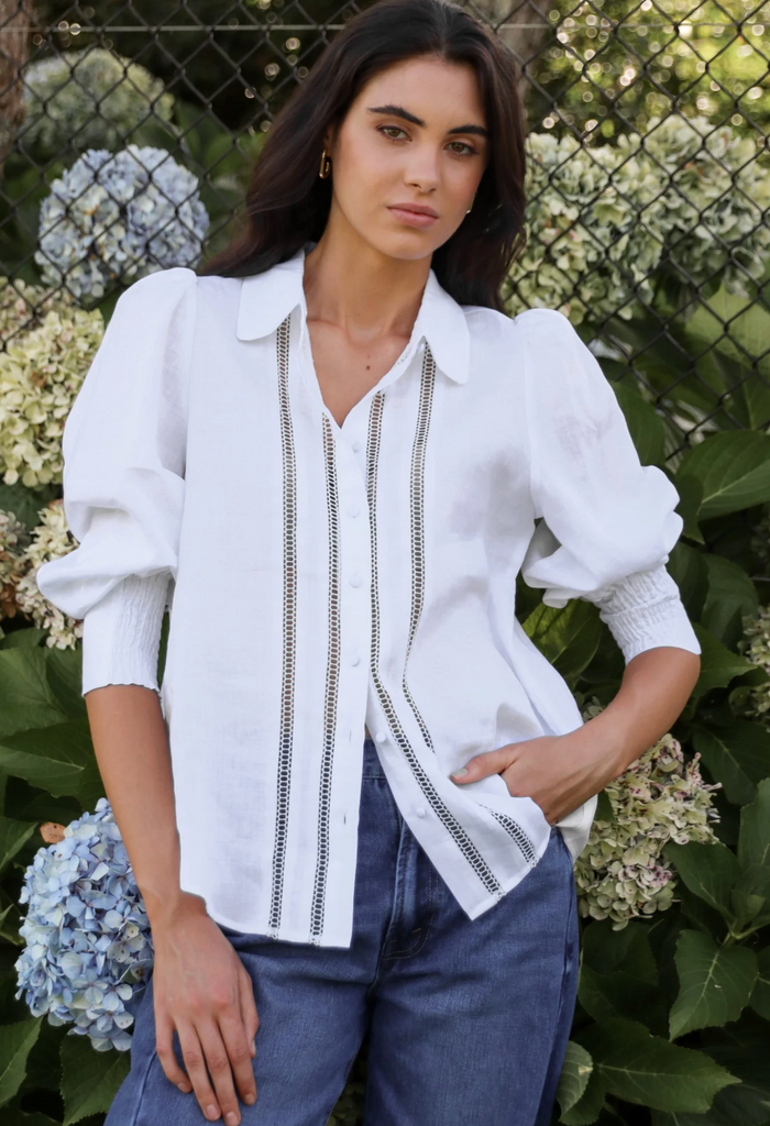 By Rosa Zinnia Ramie Lace Trim Long Sleeve Shirt in White | Women's Tops | Gretel Lane